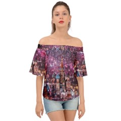 Moscow Kremlin Saint Basils Cathedral Architecture  Building Cityscape Night Fireworks Off Shoulder Short Sleeve Top by Cowasu