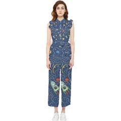 Cat Cosmos Cosmonaut Rocket Women s Frill Top Chiffon Jumpsuit by Cowasu