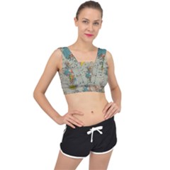 Vintage World Map V-back Sports Bra by Cowasu