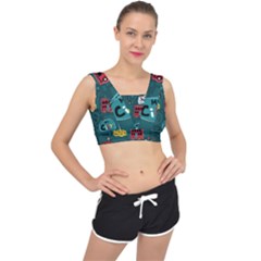 Seamless Pattern With Vehicles Building Road V-back Sports Bra by Cowasu