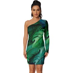 Tropical Green Leaves Background Long Sleeve One Shoulder Mini Dress by Amaryn4rt