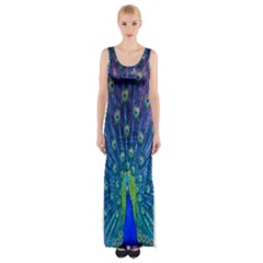 Amazing Peacock Thigh Split Maxi Dress by Simbadda