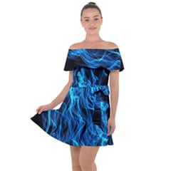 Digitally Created Blue Flames Of Fire Off Shoulder Velour Dress by Simbadda