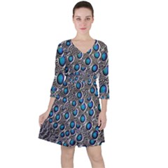 Peacock Pattern Close Up Plumage Quarter Sleeve Ruffle Waist Dress by Celenk