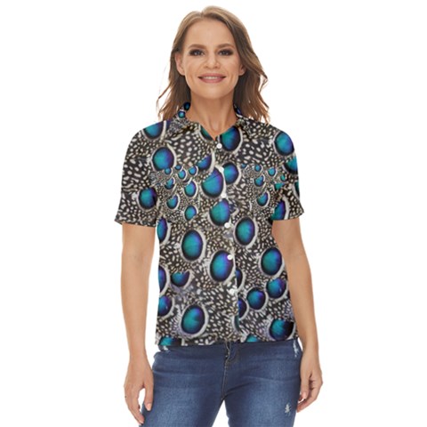 Peacock Pattern Close Up Plumage Women s Short Sleeve Double Pocket Shirt by Celenk