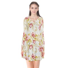 Background Pattern Flower Spring Long Sleeve V-neck Flare Dress by Celenk
