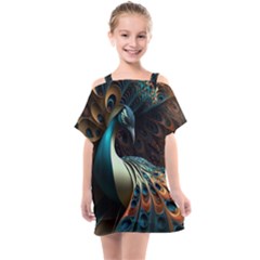 Colorful Peacock Bird Feathers Kids  One Piece Chiffon Dress by Vaneshop