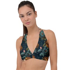 Floral Flower Blossom Turquoise Halter Plunge Bikini Top by Vaneshop