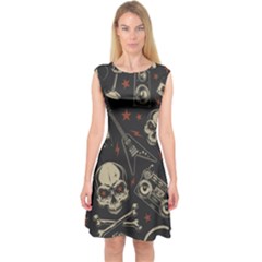 Grunge Seamless Pattern With Skulls Capsleeve Midi Dress by Amaryn4rt