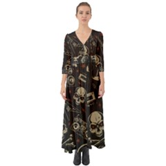 Grunge Seamless Pattern With Skulls Button Up Boho Maxi Dress by Amaryn4rt