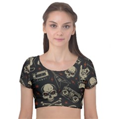 Grunge Seamless Pattern With Skulls Velvet Short Sleeve Crop Top  by Amaryn4rt