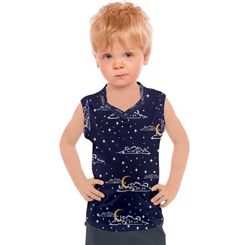 Hand-drawn-scratch-style-night-sky-with-moon-cloud-space-among-stars-seamless-pattern-vector-design- Kids  Sport Tank Top by uniart180623