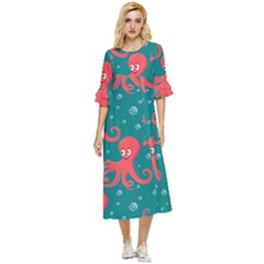 Cute-smiling-red-octopus-swimming-underwater Double Cuff Midi Dress by uniart180623