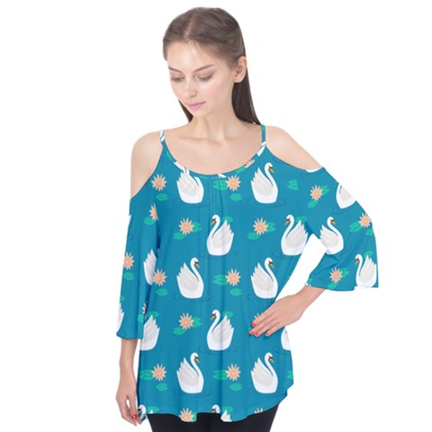 Elegant-swan-pattern-with-water-lily-flowers Flutter Sleeve Tee  by uniart180623