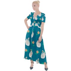 Elegant-swan-pattern-with-water-lily-flowers Button Up Short Sleeve Maxi Dress by uniart180623