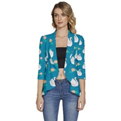 Elegant-swan-pattern-with-water-lily-flowers Women s 3/4 Sleeve Ruffle Edge Open Front Jacket by uniart180623