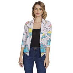 Cute-seamless-pattern-with-space Women s Draped Front 3/4 Sleeve Shawl Collar Jacket by uniart180623