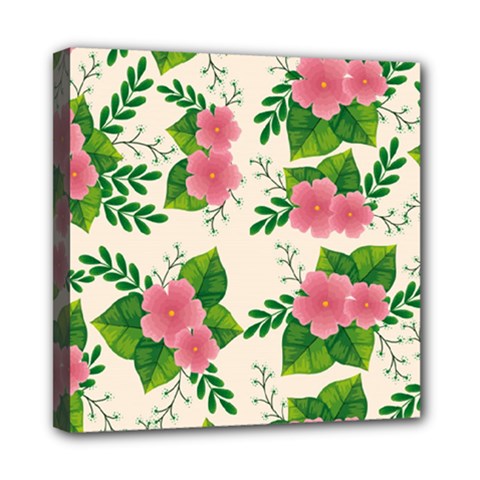 Cute-pink-flowers-with-leaves-pattern Mini Canvas 8  X 8  (stretched) by uniart180623