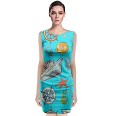 Colored-sketched-sea-elements-pattern-background-sea-life-animals-illustration Sleeveless Velvet Midi Dress by uniart180623