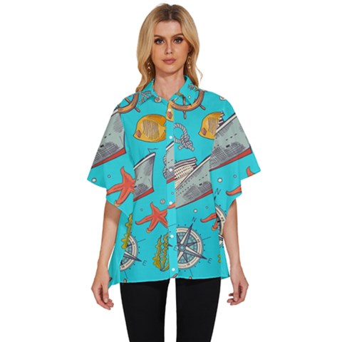 Colored-sketched-sea-elements-pattern-background-sea-life-animals-illustration Women s Batwing Button Up Shirt by uniart180623