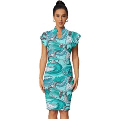 Sea-waves-seamless-pattern Vintage Frill Sleeve V-neck Bodycon Dress by uniart180623
