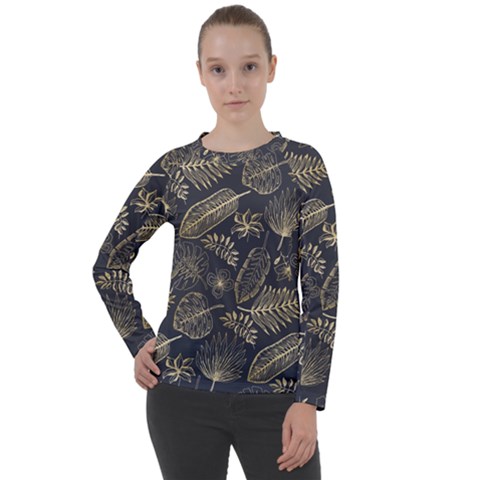 Elegant-pattern-with-golden-tropical-leaves Women s Long Sleeve Raglan Tee by uniart180623