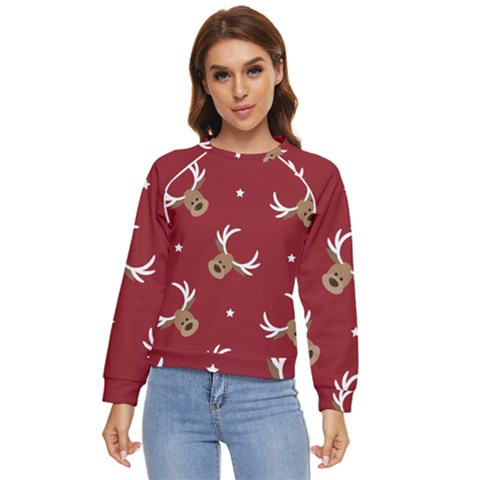 Cute-reindeer-head-with-star-red-background Women s Long Sleeve Raglan Tee by uniart180623