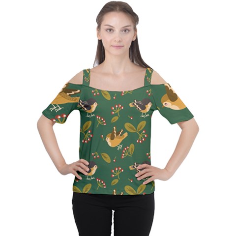 Cute-seamless-pattern-bird-with-berries-leaves Cutout Shoulder Tee by uniart180623