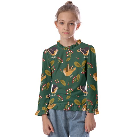 Cute-seamless-pattern-bird-with-berries-leaves Kids  Frill Detail Tee by uniart180623