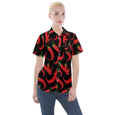 Seamless-vector-pattern-hot-red-chili-papper-black-background Women s Short Sleeve Pocket Shirt by uniart180623