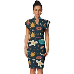 Seamless-pattern-with-breakfast-symbols-morning-coffee Vintage Frill Sleeve V-neck Bodycon Dress by uniart180623