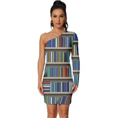 Bookshelf Long Sleeve One Shoulder Mini Dress by uniart180623