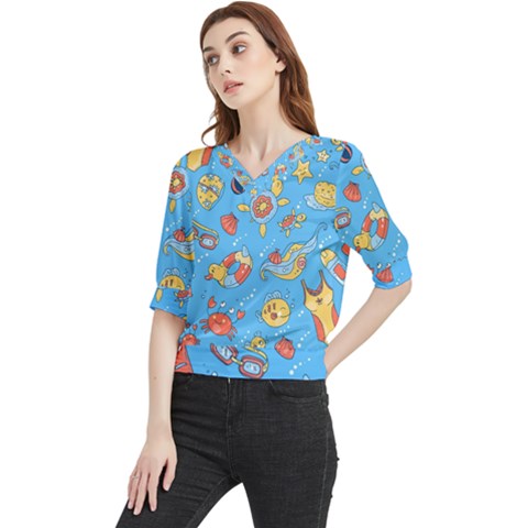 Hand-drawn-seamless-pattern-summer-time Quarter Sleeve Blouse by uniart180623