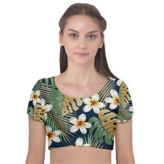 Seamless-pattern-with-tropical-strelitzia-flowers-leaves-exotic-background Velvet Short Sleeve Crop Top  by uniart180623