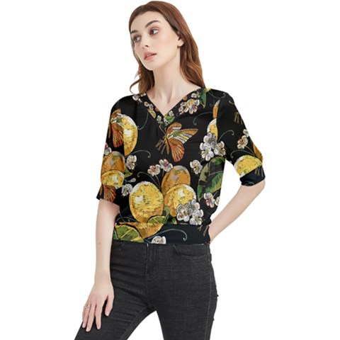 Embroidery-blossoming-lemons-butterfly-seamless-pattern Quarter Sleeve Blouse by uniart180623