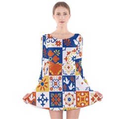 Mexican-talavera-pattern-ceramic-tiles-with-flower-leaves-bird-ornaments-traditional-majolica-style- Long Sleeve Velvet Skater Dress by uniart180623