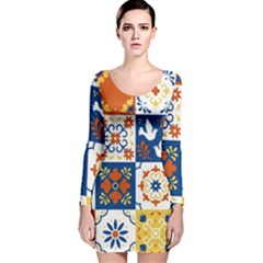 Mexican-talavera-pattern-ceramic-tiles-with-flower-leaves-bird-ornaments-traditional-majolica-style- Long Sleeve Velvet Bodycon Dress by uniart180623