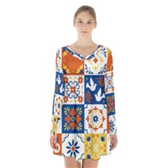 Mexican-talavera-pattern-ceramic-tiles-with-flower-leaves-bird-ornaments-traditional-majolica-style- Long Sleeve Velvet V-neck Dress by uniart180623