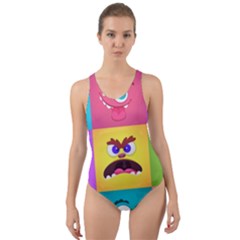 Monsters-emotions-scary-faces-masks-with-mouth-eyes-aliens-monsters-emoticon-set Cut-out Back One Piece Swimsuit by uniart180623