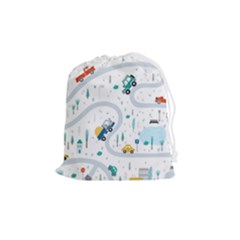 Cute-children-s-seamless-pattern-with-cars-road-park-houses-white-background-illustration-town Drawstring Pouch (medium) by uniart180623