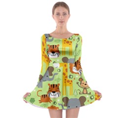 Seamless-pattern-vector-with-animals-wildlife-cartoon Long Sleeve Skater Dress by uniart180623