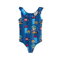 Racing-car-printing-set-cartoon-vector-pattern Kids  Frill Swimsuit by uniart180623