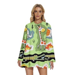 Seamless-pattern-with-wildlife-animals-cartoon Round Neck Long Sleeve Bohemian Style Chiffon Mini Dress by uniart180623