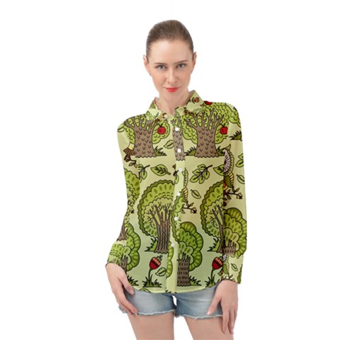 Seamless-pattern-with-trees-owls Long Sleeve Chiffon Shirt by uniart180623