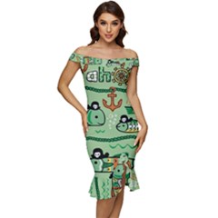 Seamless-pattern-fishes-pirates-cartoon Off Shoulder Ruffle Split Hem Bodycon Dress by uniart180623