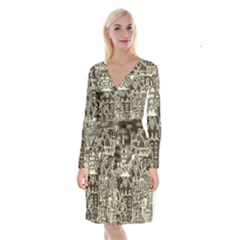 Four-hand-drawn-city-patterns Long Sleeve Velvet Front Wrap Dress by uniart180623