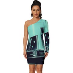 Buildings City Urban Destruction Background Long Sleeve One Shoulder Mini Dress by uniart180623