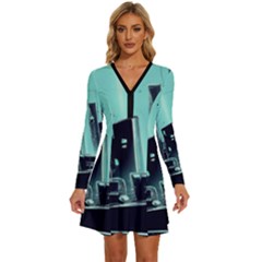 Buildings City Urban Destruction Background Long Sleeve Deep V Mini Dress  by uniart180623