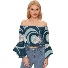 Flowers Pattern Floral Ocean Abstract Digital Art Off Shoulder Flutter Bell Sleeve Top