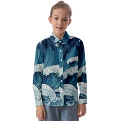 Waves Ocean Sea Pattern Water Tsunami Rough Seas Kids  Long Sleeve Shirt by uniart180623